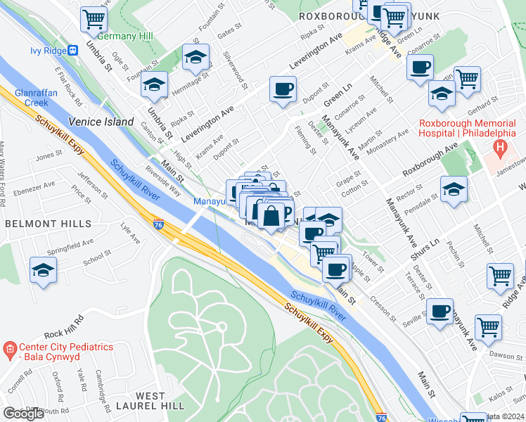 map of restaurants, bars, coffee shops, grocery stores, and more near 124 Levering Street in Philadelphia