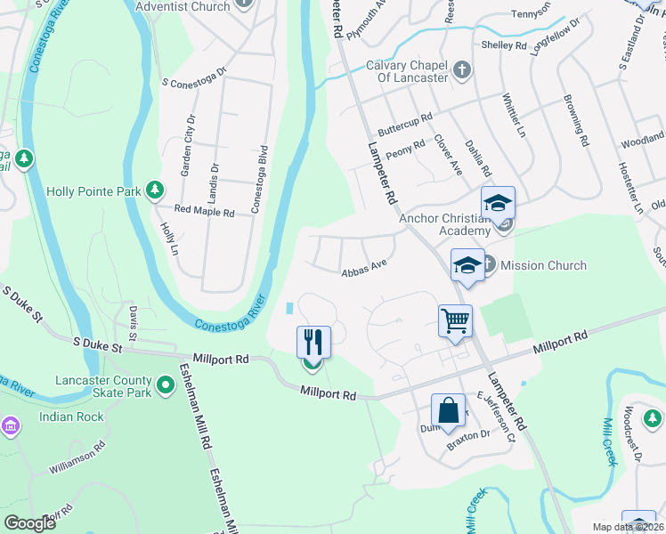 map of restaurants, bars, coffee shops, grocery stores, and more near 1480 Abbas Avenue in Lancaster