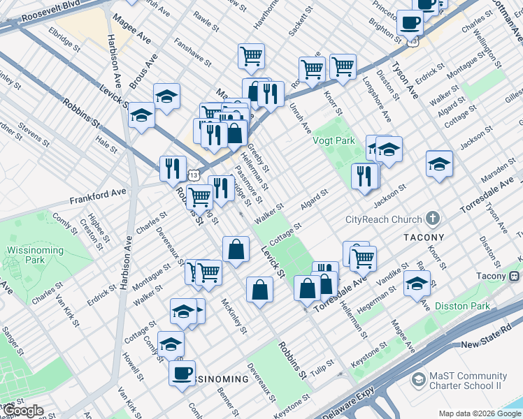 map of restaurants, bars, coffee shops, grocery stores, and more near 6455 Walker Street in Philadelphia