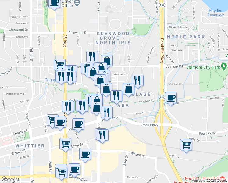 map of restaurants, bars, coffee shops, grocery stores, and more near 3200 Carbon Place in Boulder