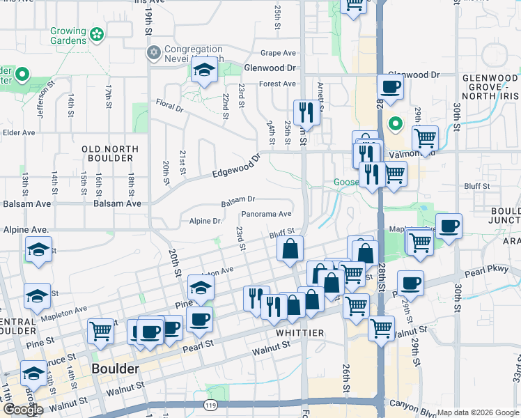 map of restaurants, bars, coffee shops, grocery stores, and more near 2370 Panorama Avenue in Boulder