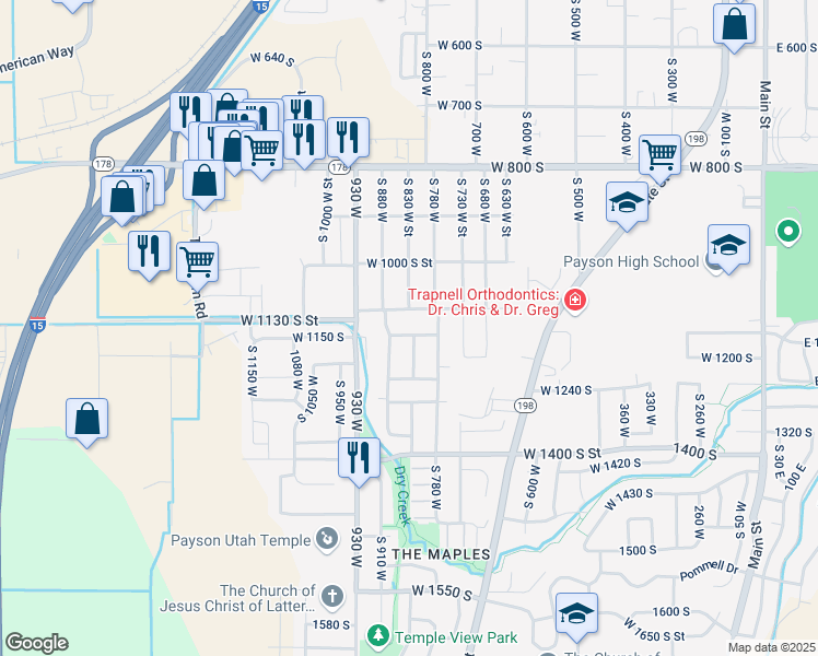 map of restaurants, bars, coffee shops, grocery stores, and more near 1151 South 880 West in Payson