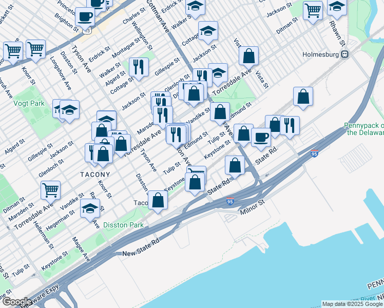 map of restaurants, bars, coffee shops, grocery stores, and more near 7118 Keystone Street in Philadelphia