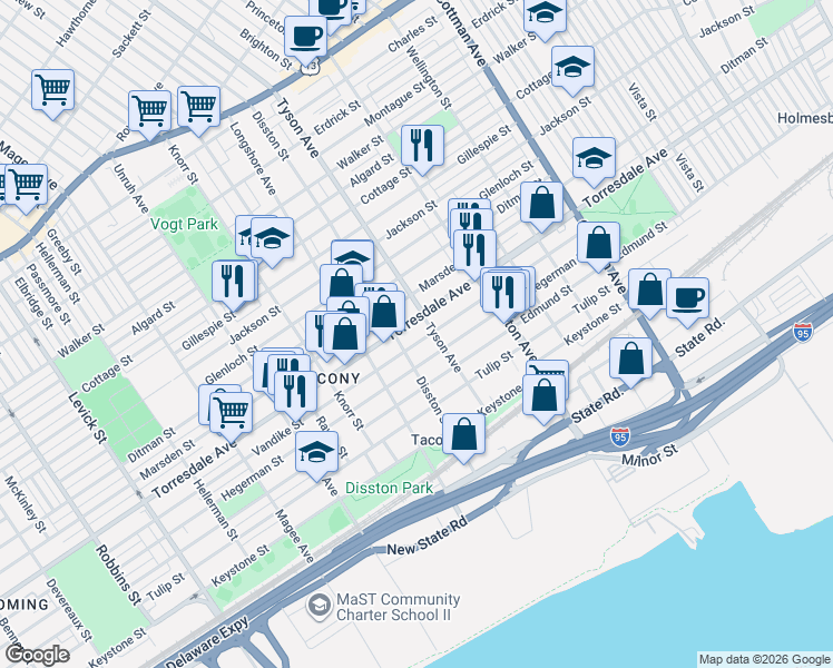 map of restaurants, bars, coffee shops, grocery stores, and more near 4712 Disston Street in Philadelphia