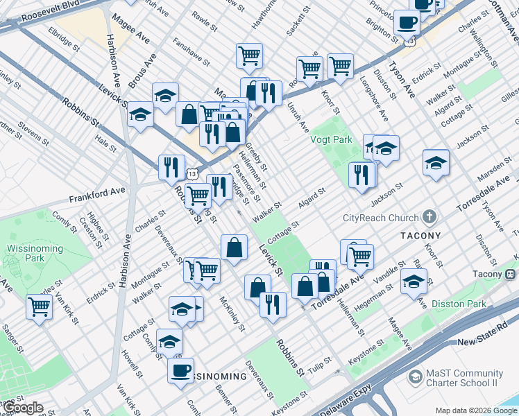 map of restaurants, bars, coffee shops, grocery stores, and more near 6455 Walker Street in Philadelphia
