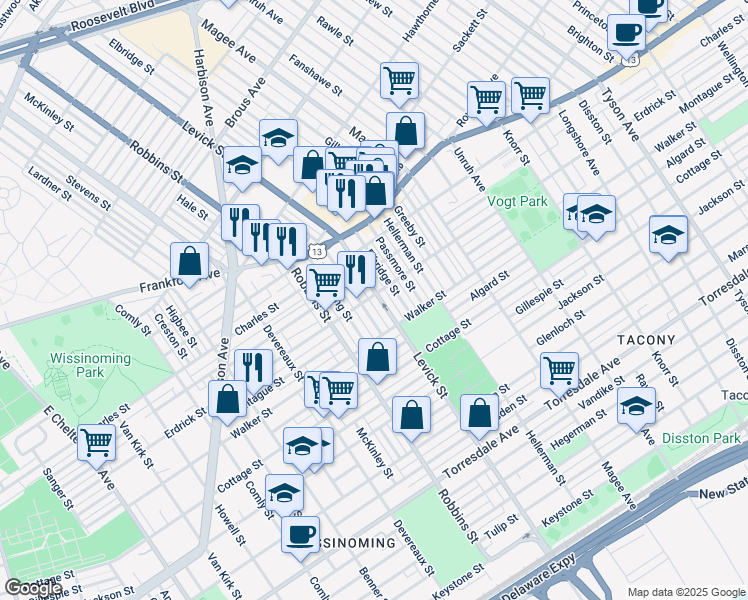 map of restaurants, bars, coffee shops, grocery stores, and more near 4202 Levick Street in Philadelphia