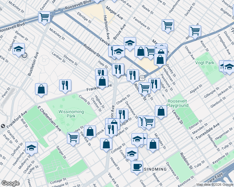map of restaurants, bars, coffee shops, grocery stores, and more near 6128 Mulberry Street in Philadelphia