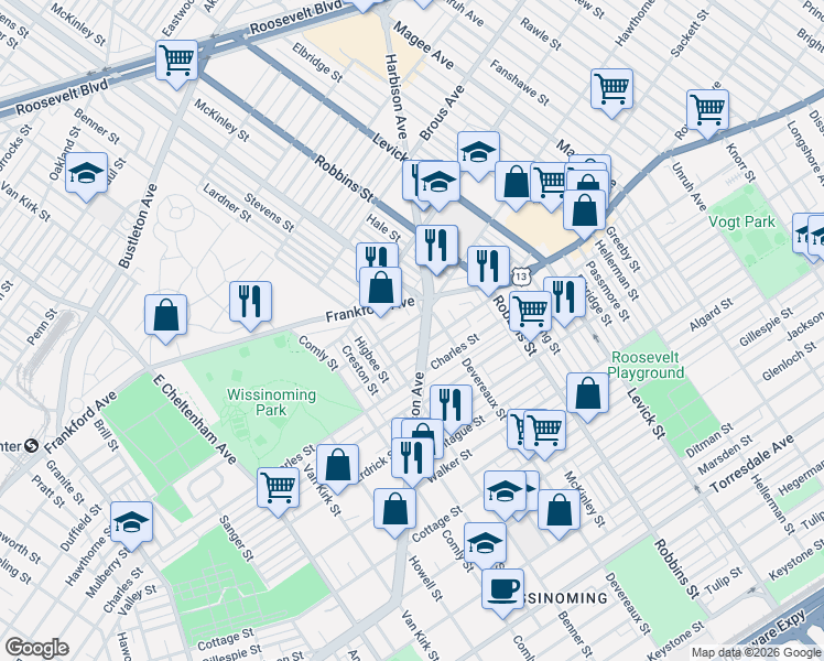 map of restaurants, bars, coffee shops, grocery stores, and more near 6128 Mulberry Street in Philadelphia
