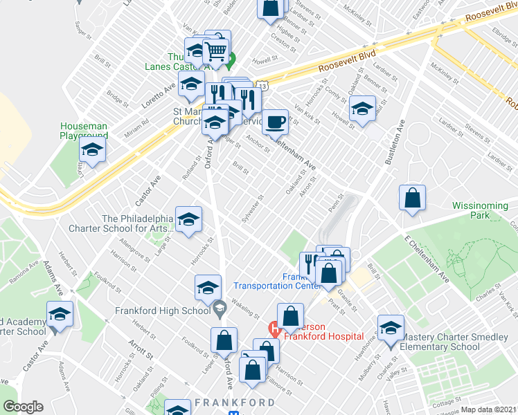 map of restaurants, bars, coffee shops, grocery stores, and more near 5237 Sylvester Street in Philadelphia