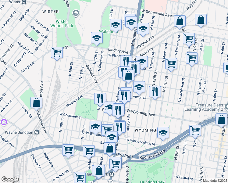 map of restaurants, bars, coffee shops, grocery stores, and more near 1430 West Loudon Street in Philadelphia