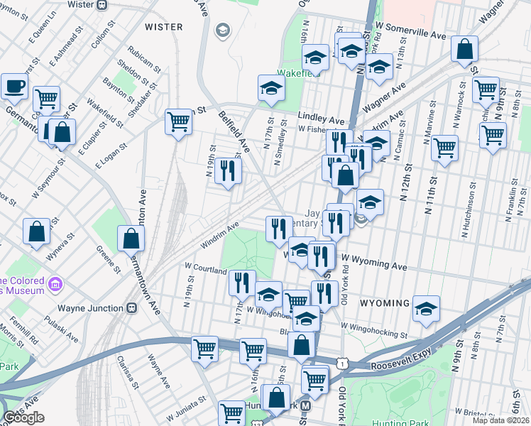 map of restaurants, bars, coffee shops, grocery stores, and more near 1616 West Mentor Street in Philadelphia