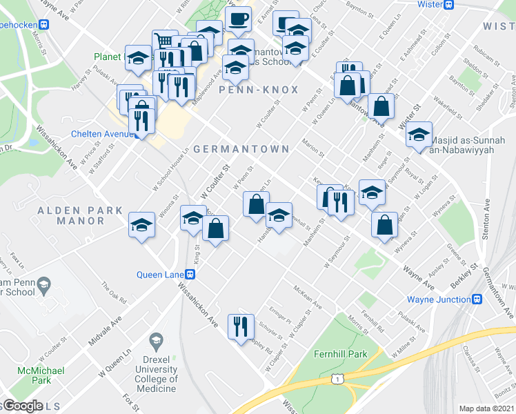map of restaurants, bars, coffee shops, grocery stores, and more near 314 West Queen Lane in Philadelphia