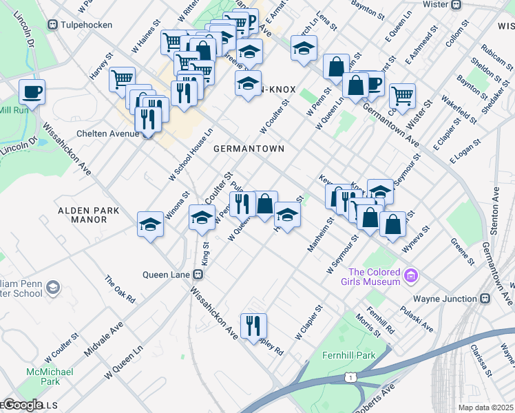 map of restaurants, bars, coffee shops, grocery stores, and more near 314 West Queen Lane in Philadelphia
