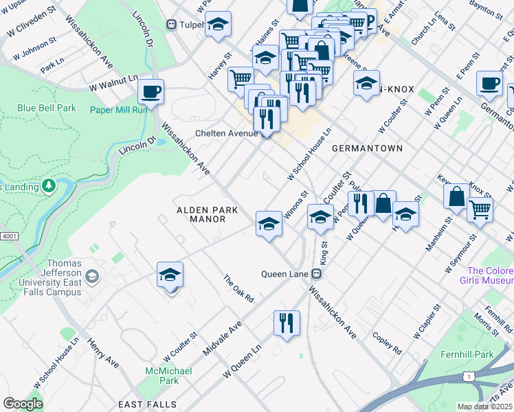 map of restaurants, bars, coffee shops, grocery stores, and more near 455 West School House Lane in Philadelphia