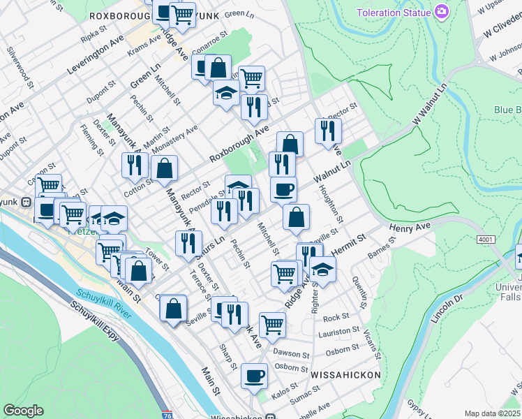 map of restaurants, bars, coffee shops, grocery stores, and more near 448 Shurs Lane in Philadelphia