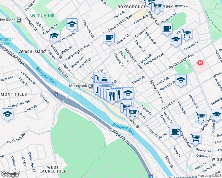 map of restaurants, bars, coffee shops, grocery stores, and more near 120 Cotton Street in Philadelphia