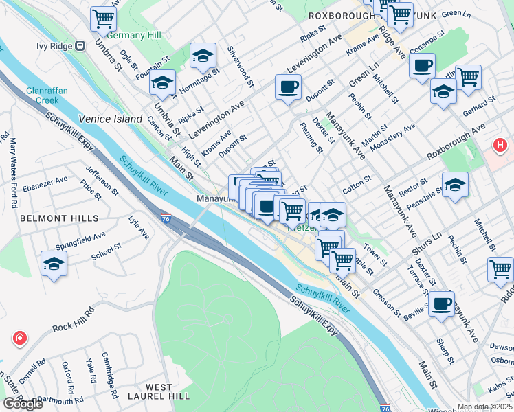 map of restaurants, bars, coffee shops, grocery stores, and more near 4400b Main Street in Philadelphia