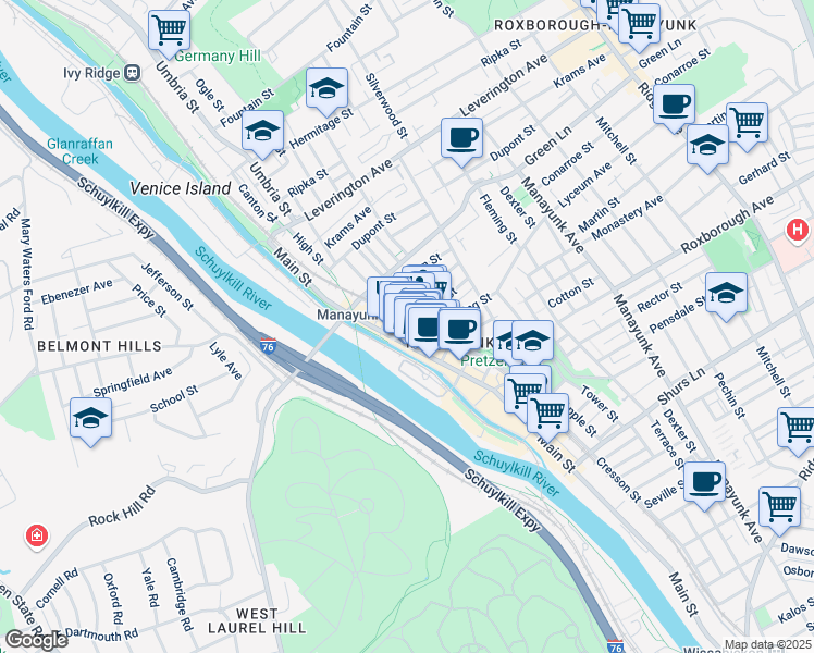 map of restaurants, bars, coffee shops, grocery stores, and more near 4400b Main Street in Philadelphia