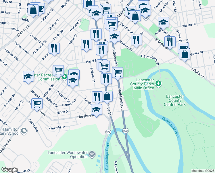 map of restaurants, bars, coffee shops, grocery stores, and more near 711 South Prince Street in Lancaster