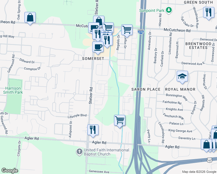 map of restaurants, bars, coffee shops, grocery stores, and more near 3840 Codet Road in Columbus