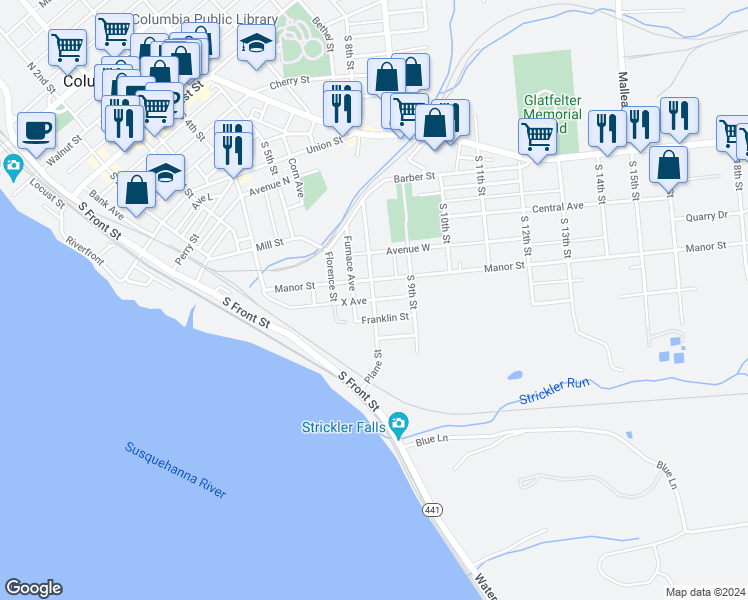 map of restaurants, bars, coffee shops, grocery stores, and more near 729 Plane Street in Columbia