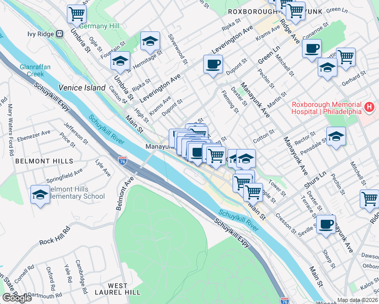 map of restaurants, bars, coffee shops, grocery stores, and more near 4400b Main Street in Philadelphia