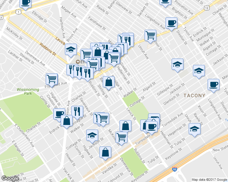 map of restaurants, bars, coffee shops, grocery stores, and more near 4202 Levick Street in Philadelphia