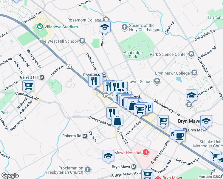 map of restaurants, bars, coffee shops, grocery stores, and more near 24 Rose Lane in Bryn Mawr