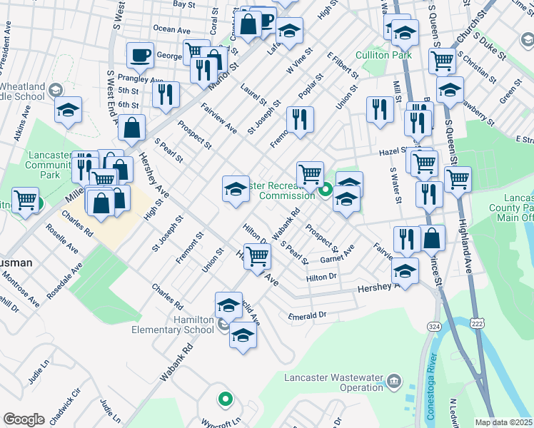 map of restaurants, bars, coffee shops, grocery stores, and more near 426 Prospect Street in Lancaster