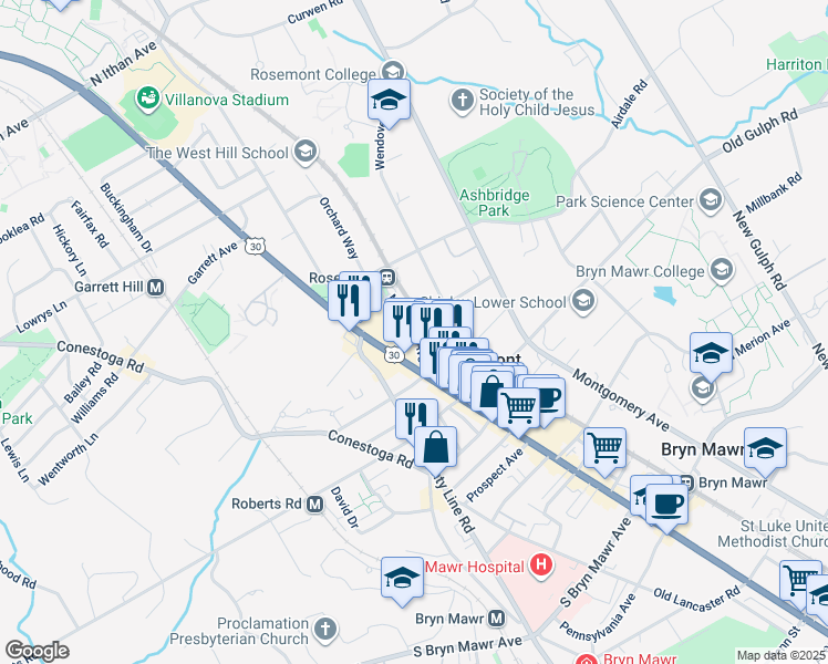 map of restaurants, bars, coffee shops, grocery stores, and more near 24 Rose Lane in Bryn Mawr