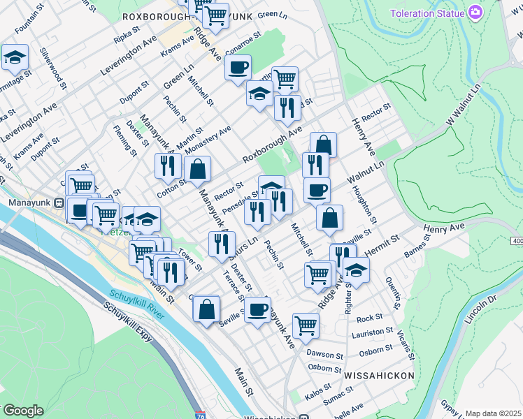 map of restaurants, bars, coffee shops, grocery stores, and more near 4128 Freeland Avenue in Philadelphia