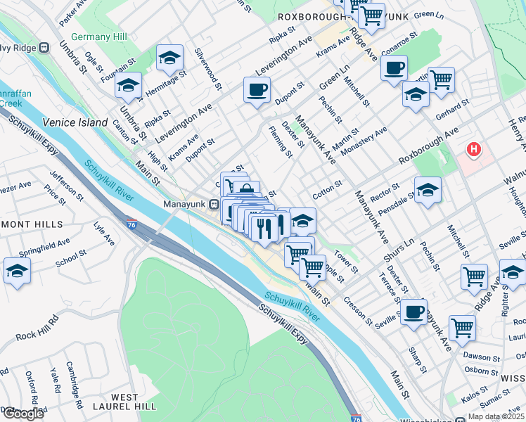 map of restaurants, bars, coffee shops, grocery stores, and more near 120 Cotton Street in Philadelphia