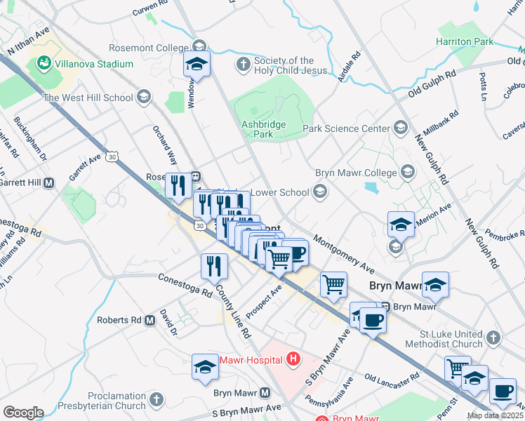 map of restaurants, bars, coffee shops, grocery stores, and more near 55 Franklin Avenue in Bryn Mawr