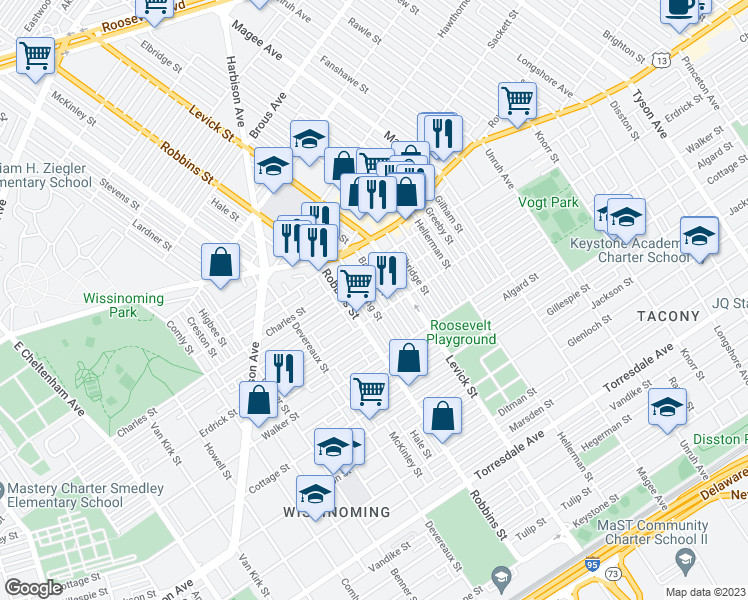 map of restaurants, bars, coffee shops, grocery stores, and more near 4147 Stirling Street in Philadelphia