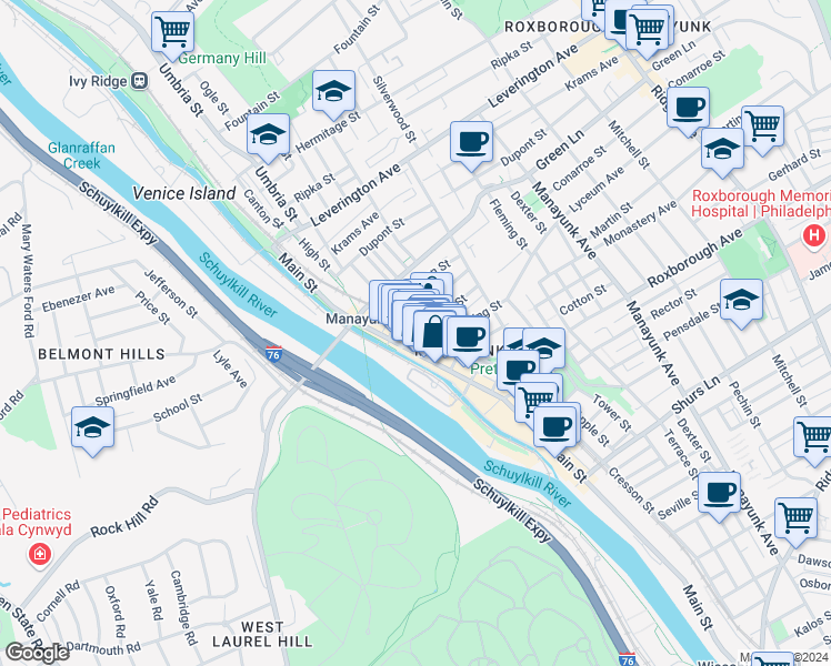 map of restaurants, bars, coffee shops, grocery stores, and more near 113 Gay Street in Philadelphia