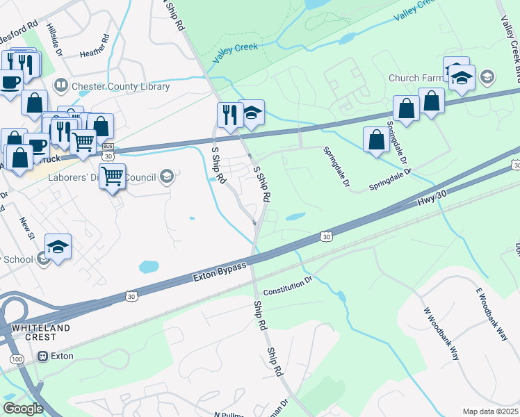 map of restaurants, bars, coffee shops, grocery stores, and more near 421 Pitch Pine Way in Exton