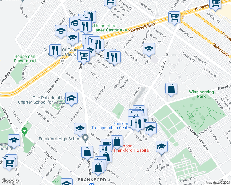 map of restaurants, bars, coffee shops, grocery stores, and more near 5322 Akron Street in Philadelphia