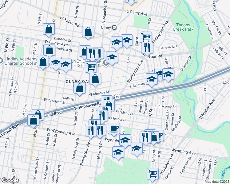 map of restaurants, bars, coffee shops, grocery stores, and more near 124 East Albanus Street in Philadelphia