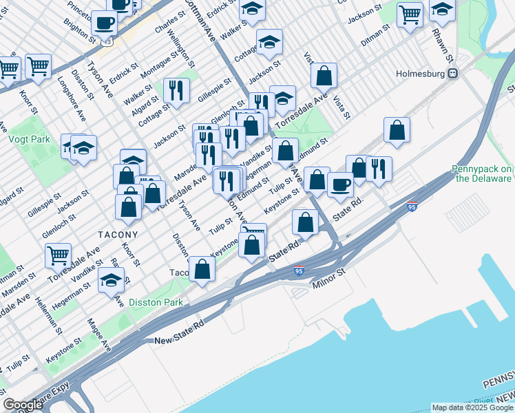 map of restaurants, bars, coffee shops, grocery stores, and more near 7129 Tulip Street in Philadelphia