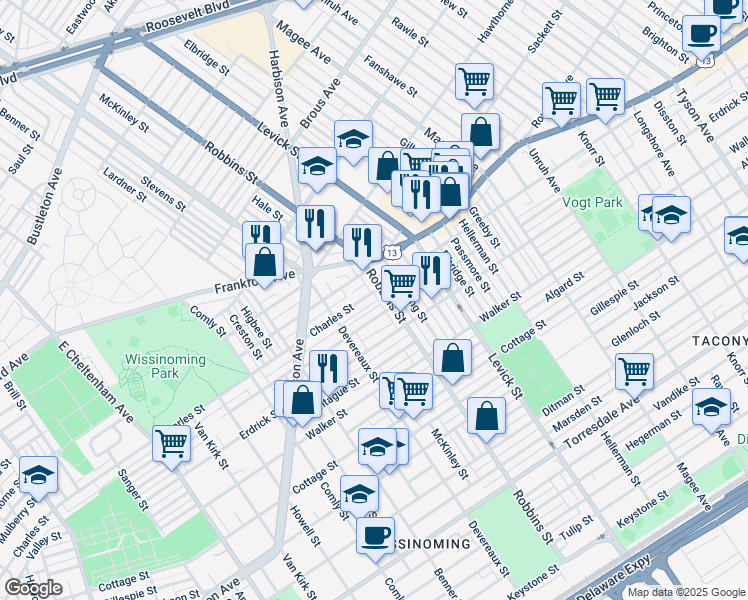 map of restaurants, bars, coffee shops, grocery stores, and more near 6261 Charles Street in Philadelphia