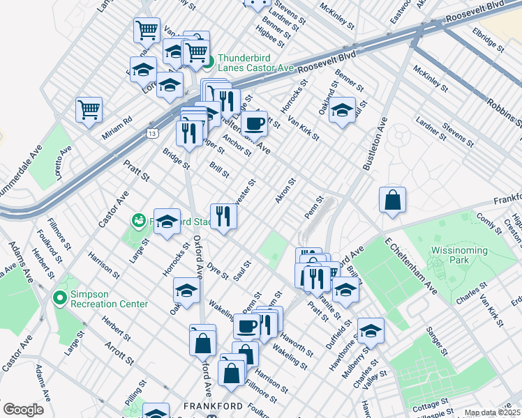 map of restaurants, bars, coffee shops, grocery stores, and more near 5315 Oakland Street in Philadelphia
