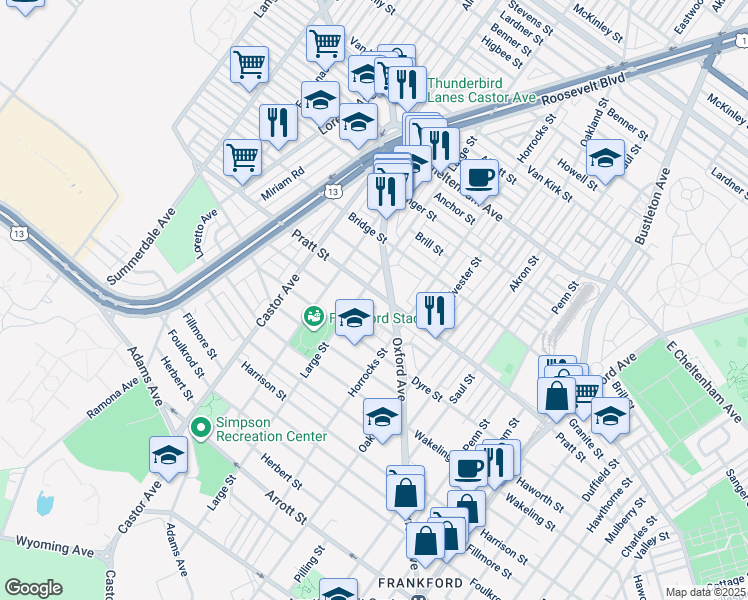 map of restaurants, bars, coffee shops, grocery stores, and more near 1110 Pratt Street in Philadelphia