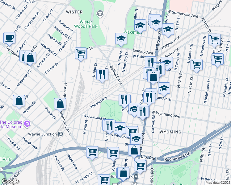 map of restaurants, bars, coffee shops, grocery stores, and more near 1642 West Loudon Street in Philadelphia