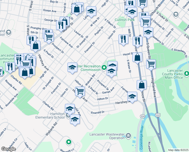 map of restaurants, bars, coffee shops, grocery stores, and more near 839 Wabank Road in Lancaster