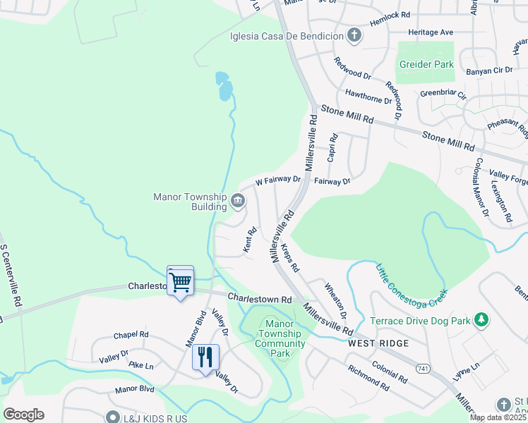 map of restaurants, bars, coffee shops, grocery stores, and more near 125 Joseph Road in Lancaster