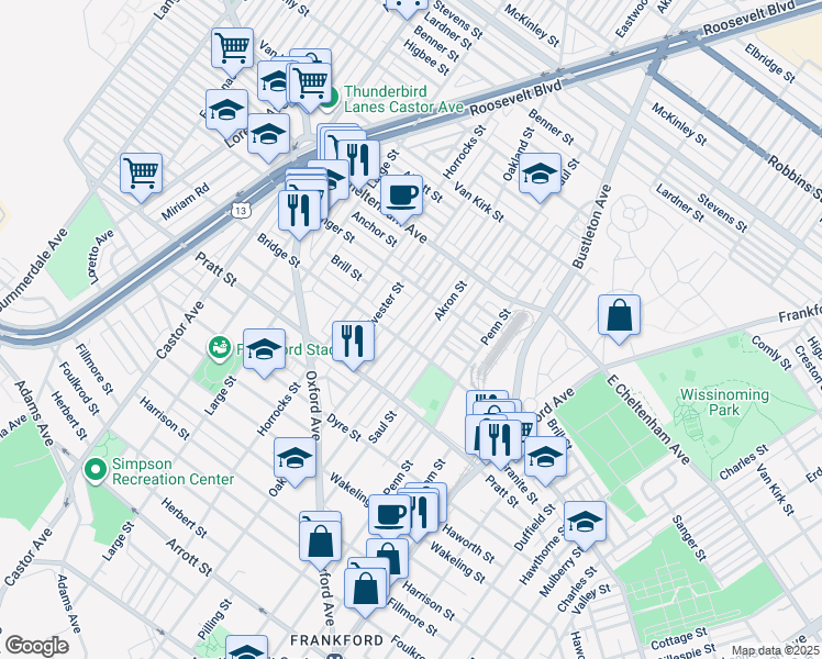 map of restaurants, bars, coffee shops, grocery stores, and more near 5315 Oakland Street in Philadelphia