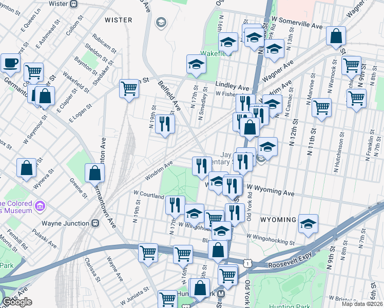 map of restaurants, bars, coffee shops, grocery stores, and more near 1616 West Mentor Street in Philadelphia