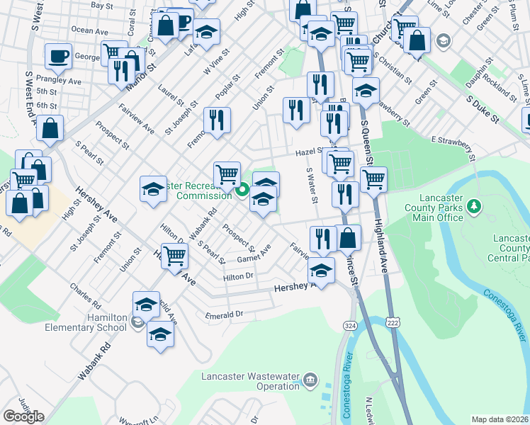 map of restaurants, bars, coffee shops, grocery stores, and more near 615 Fairview Avenue in Lancaster