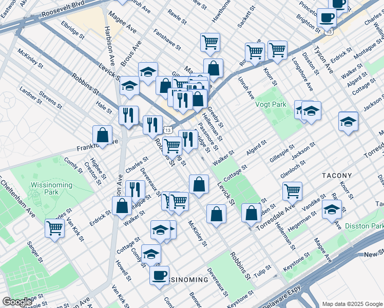 map of restaurants, bars, coffee shops, grocery stores, and more near 4165 Barnett Street in Philadelphia