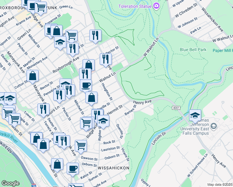 map of restaurants, bars, coffee shops, grocery stores, and more near 617 Markle Street in Philadelphia